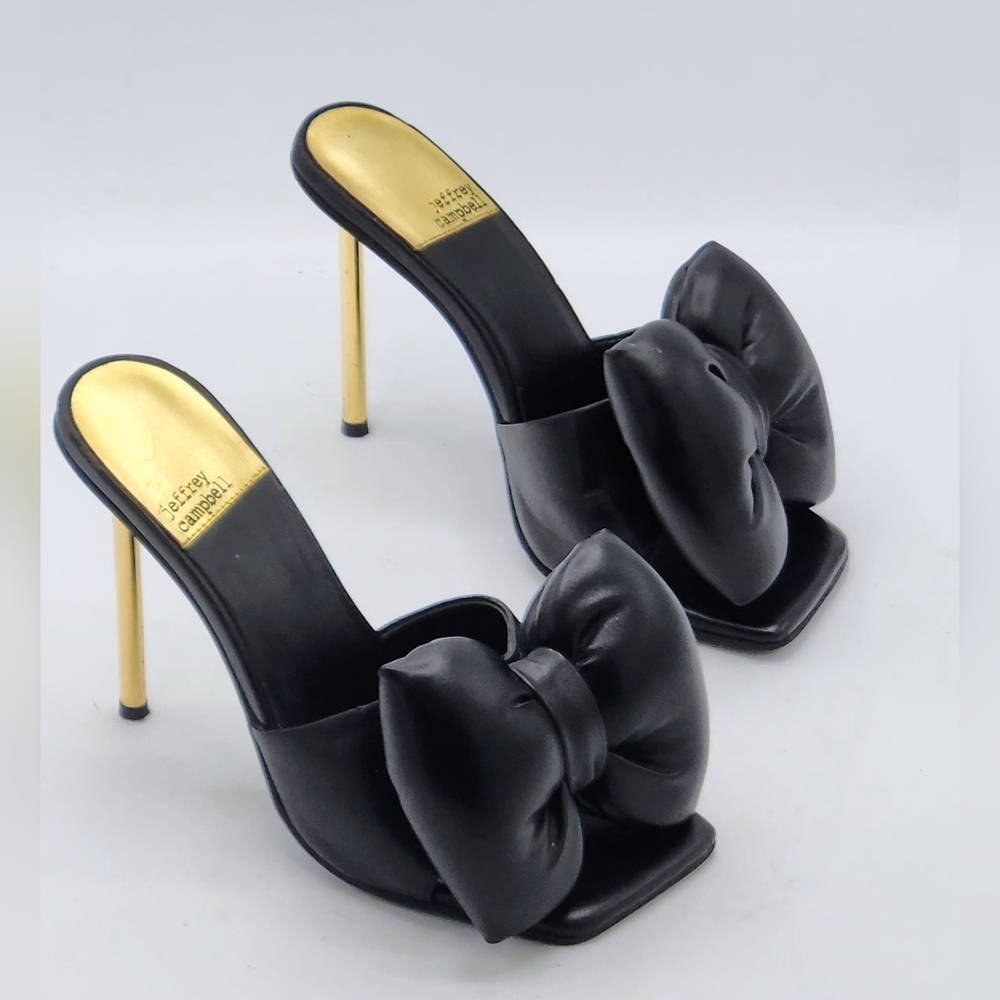 Jeffrey Campbell Bow-Down High Heel Slide Sandals In Black And Gold Size 7 - Picture 2 of 16